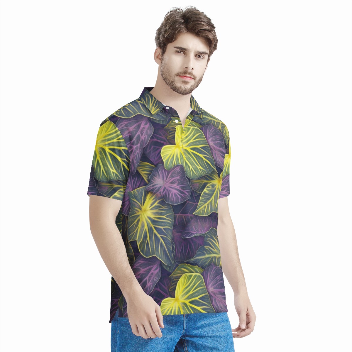 Luxtrini Iridescent Syngonium: Purple and Yellow Men's All Over Print Polo Shirt