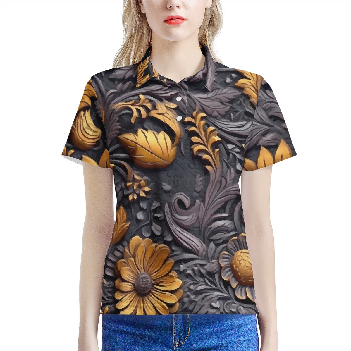 Gold Flowers Woodcut Women's All Over Print Polo Shirt