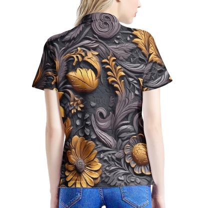 Gold Flowers Woodcut Women's All Over Print Polo Shirt