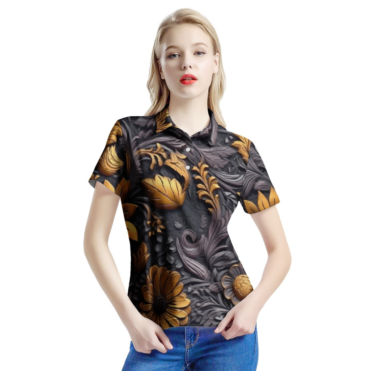 Gold Flowers Woodcut Women's All Over Print Polo Shirt