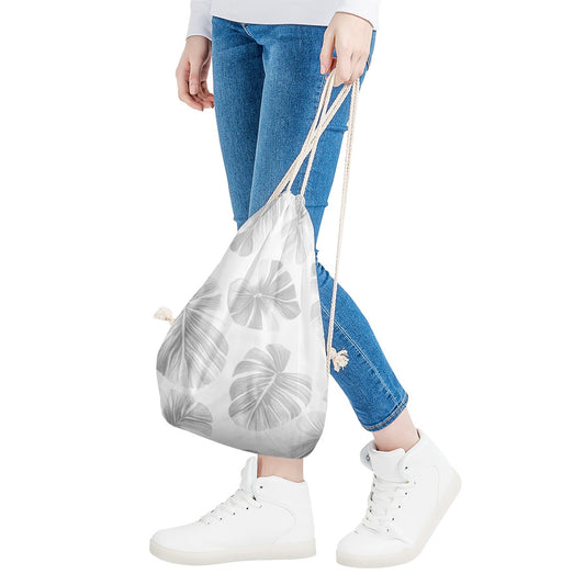 White Monstera Drawstring Bags