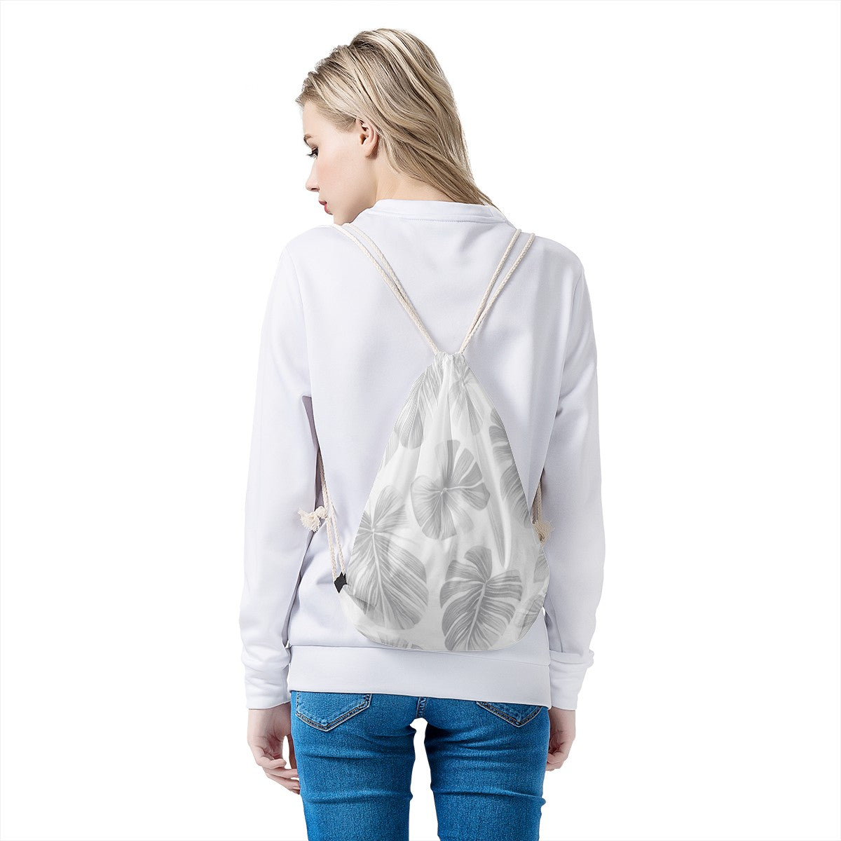 White Monstera Drawstring Bags