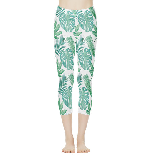 Palm and Monstera Leaf Green Pattern Women's Capris