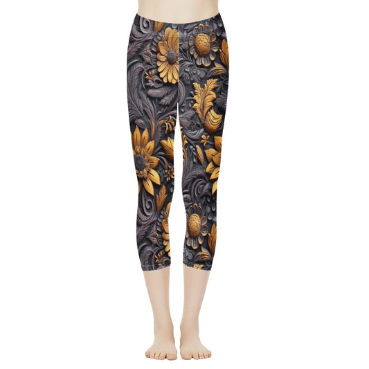 Gold Flowers Woodcut Women's Capris