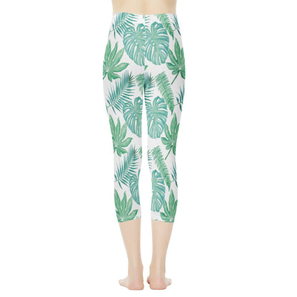 Palm and Monstera Leaf Green Pattern Women's Capris