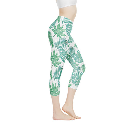 Palm and Monstera Leaf Green Pattern Women's Capris