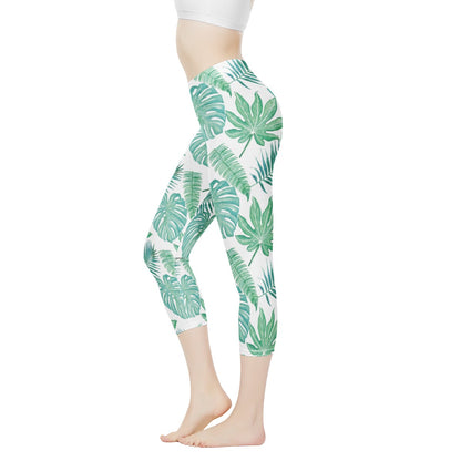 Palm and Monstera Leaf Green Pattern Women's Capris