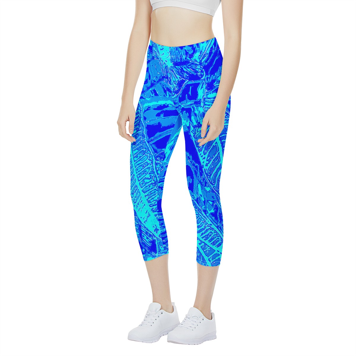 Vibrant Blue Croton Pattern Women's Capris