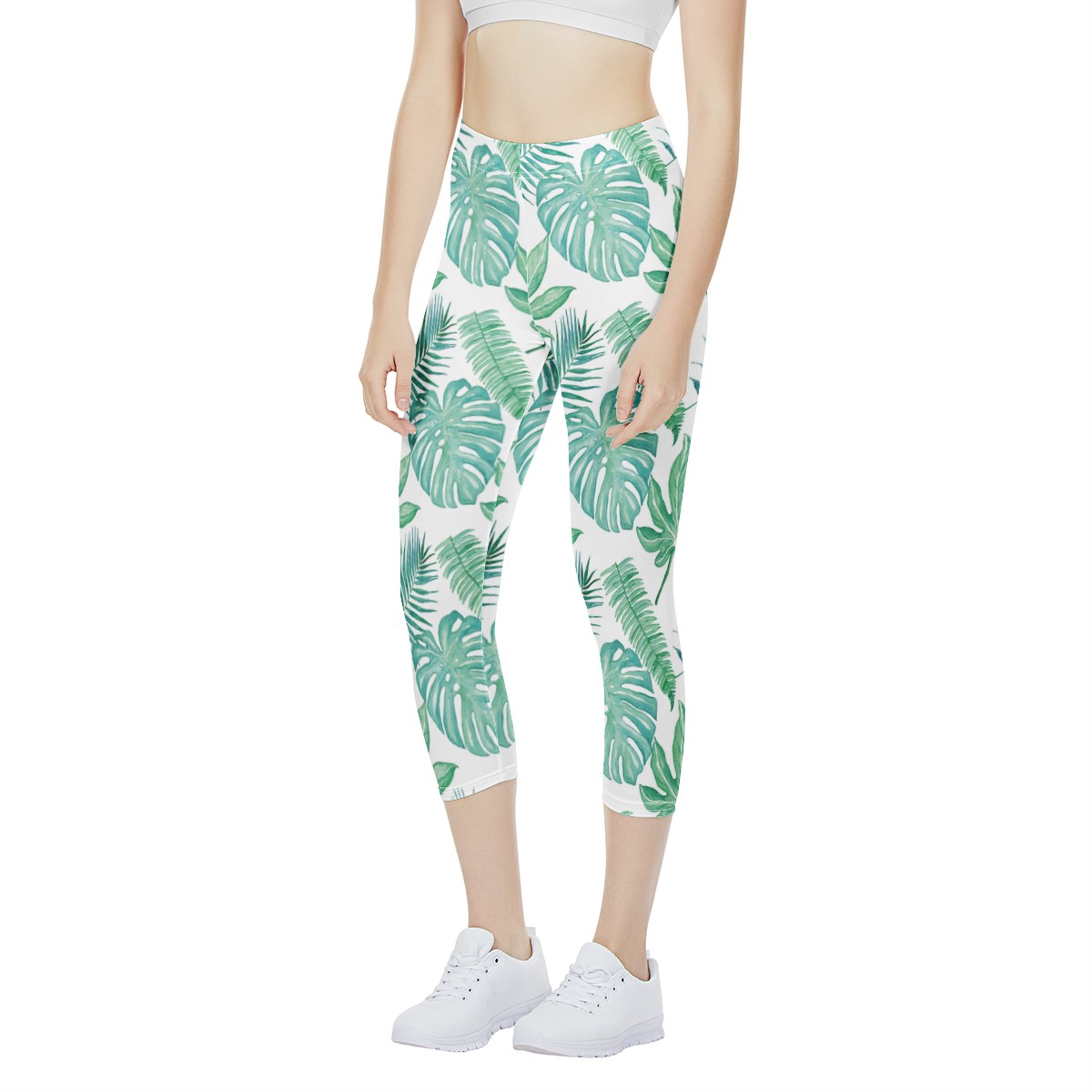 Palm and Monstera Leaf Green Pattern Women's Capris