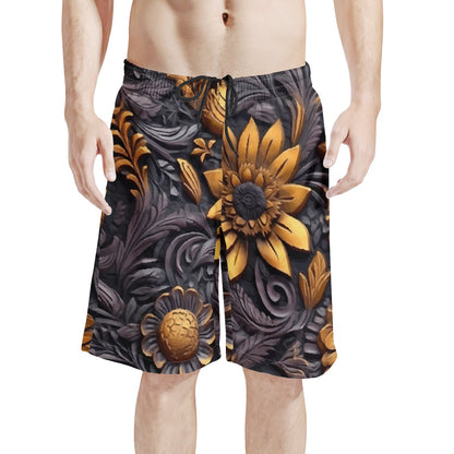 Gold Flowers Woodcut Men's All Over Print Board Shorts