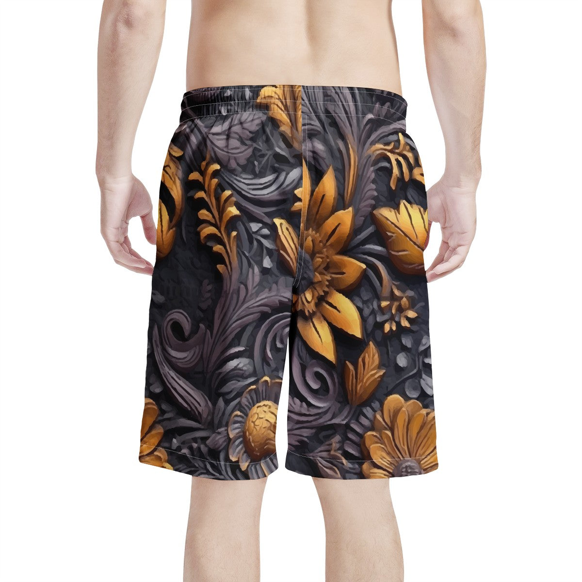 Gold Flowers Woodcut Men's All Over Print Board Shorts