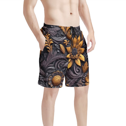 Gold Flowers Woodcut Men's All Over Print Board Shorts