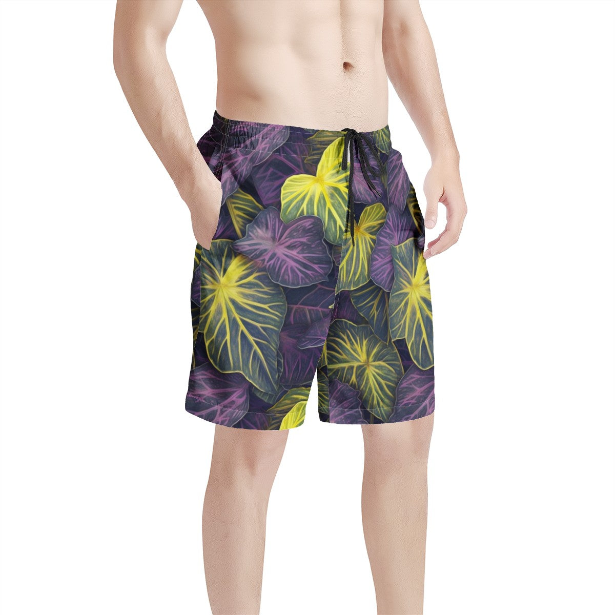 Luxtrini Iridescent Syngonium: Purple and Yellow Men's All Over Print Board Shorts