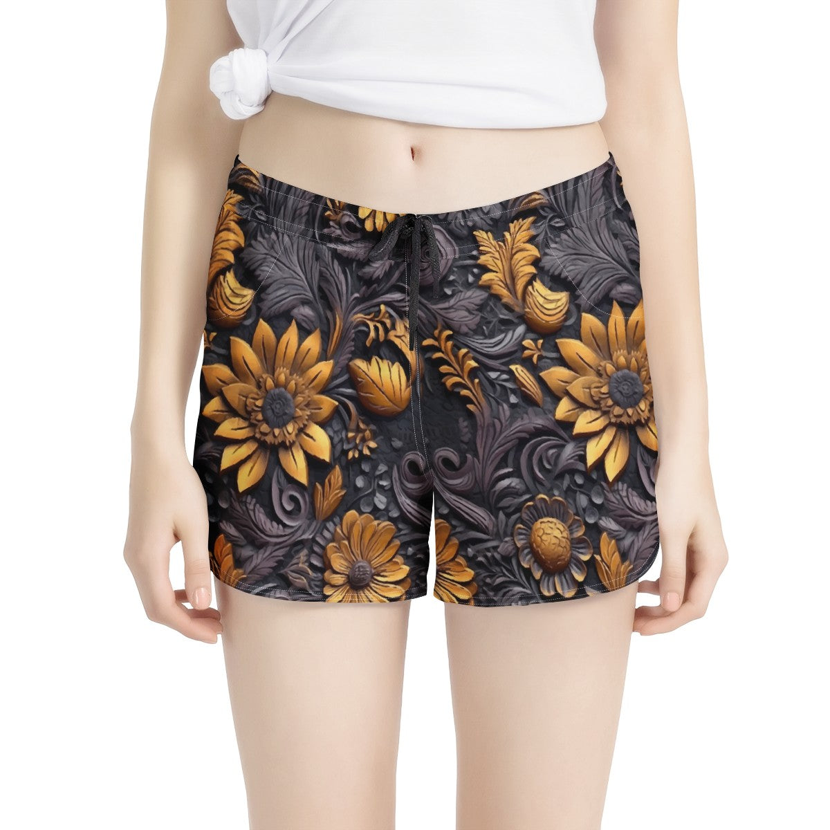 Gold Flowers Woodcut Women's All Over Print Casual Shorts