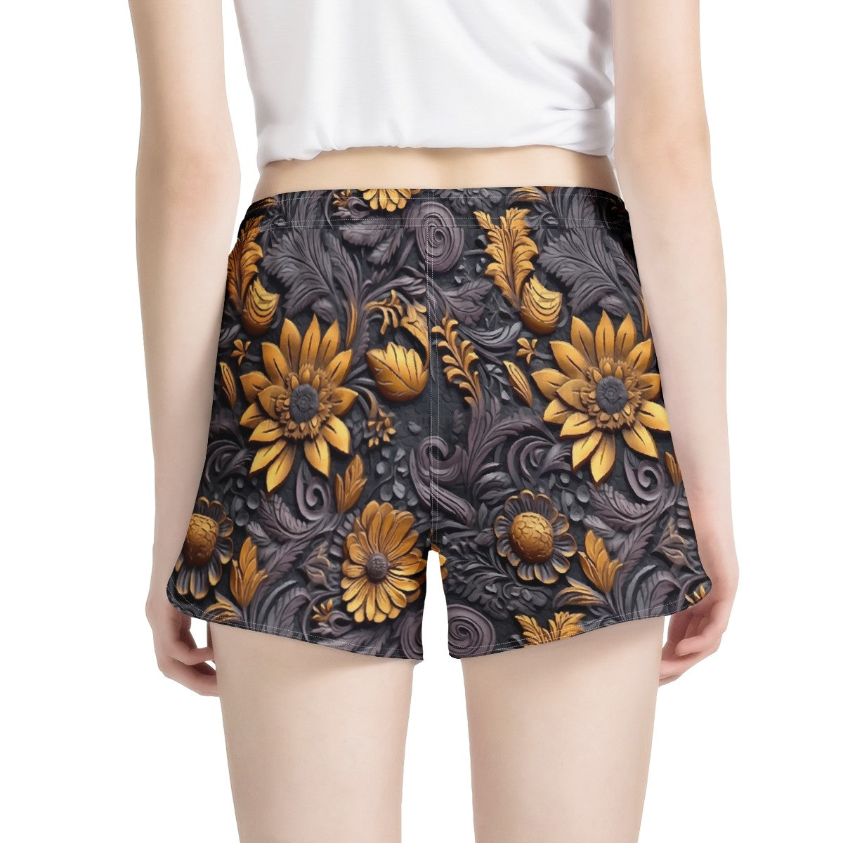 Gold Flowers Woodcut Women's All Over Print Casual Shorts