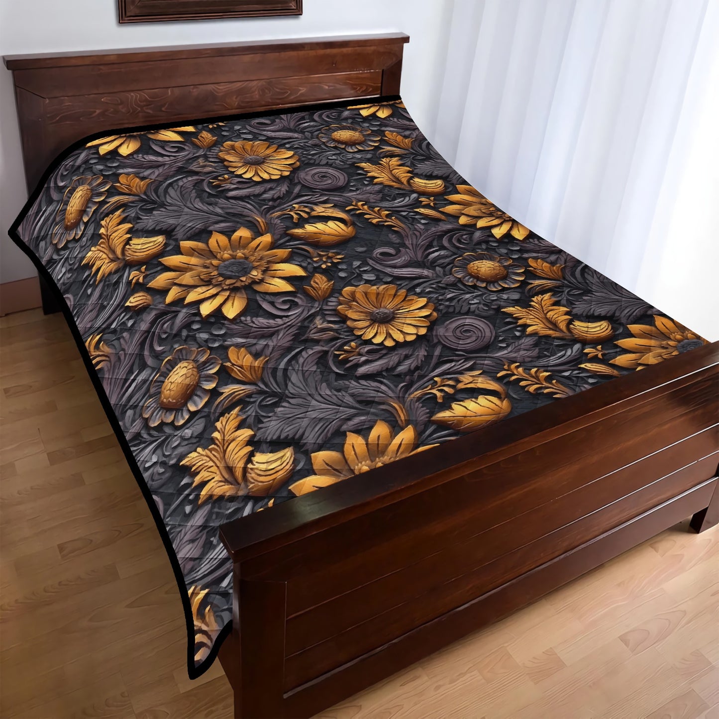 Gold Flowers Woodcut Quilt Bed