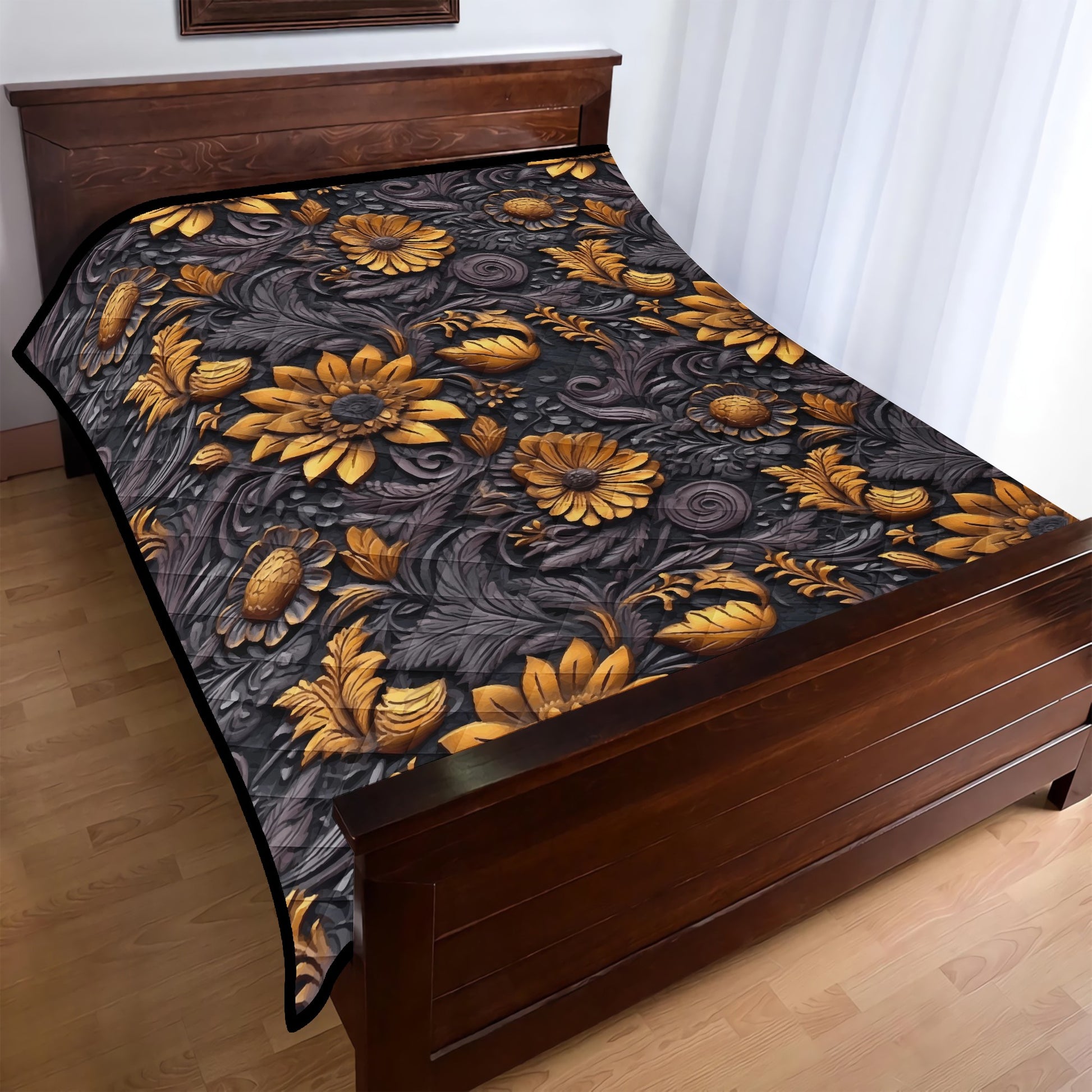 Gold Flowers Woodcut Quilt Bed