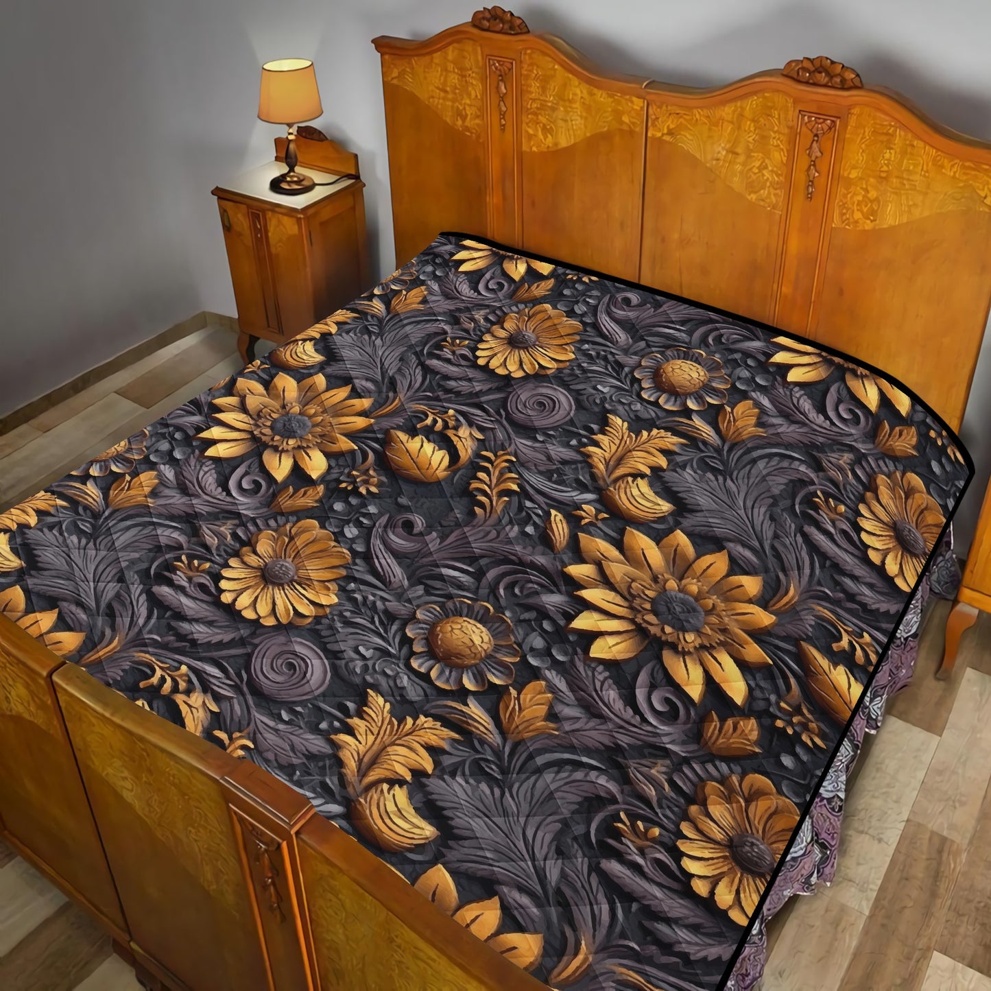 Gold Flowers Woodcut Quilt Bed
