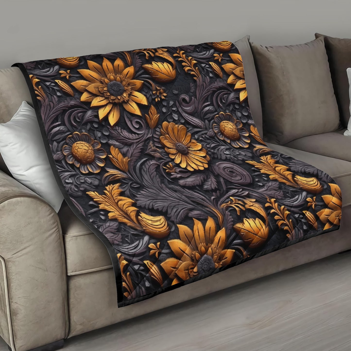 Gold Flowers Woodcut Quilt Bed