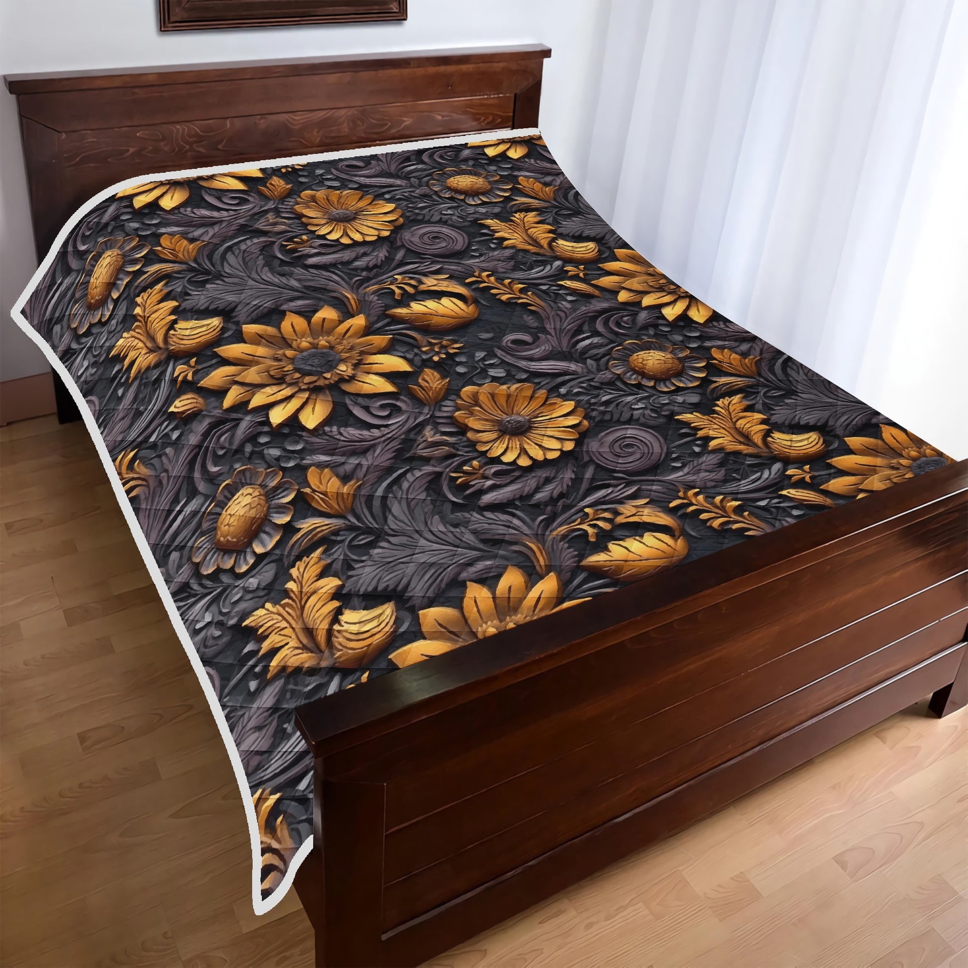 Gold Flowers Woodcut Quilt Bed