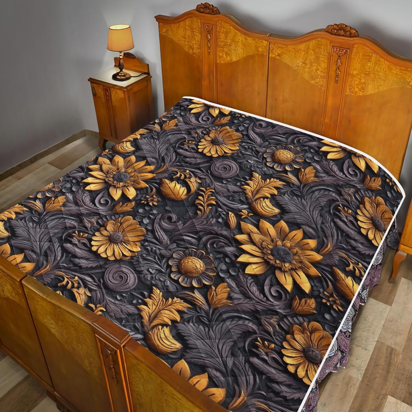 Gold Flowers Woodcut Quilt Bed