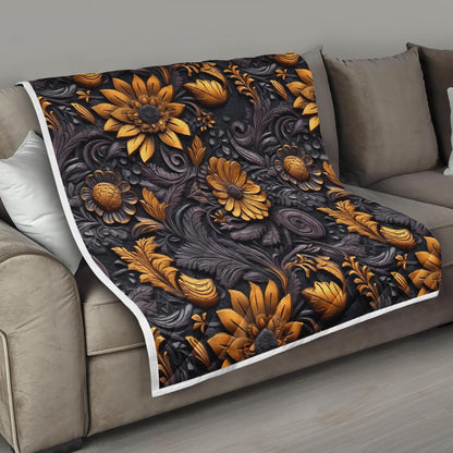 Gold Flowers Woodcut Quilt Bed