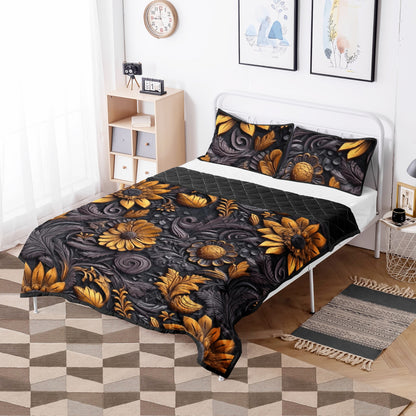 Gold Flowers Woodcut Quilt Bed Set