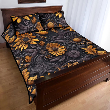 Gold Flowers Woodcut Quilt Bed Set