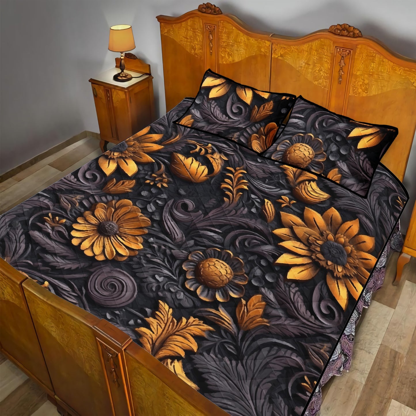 Gold Flowers Woodcut Quilt Bed Set