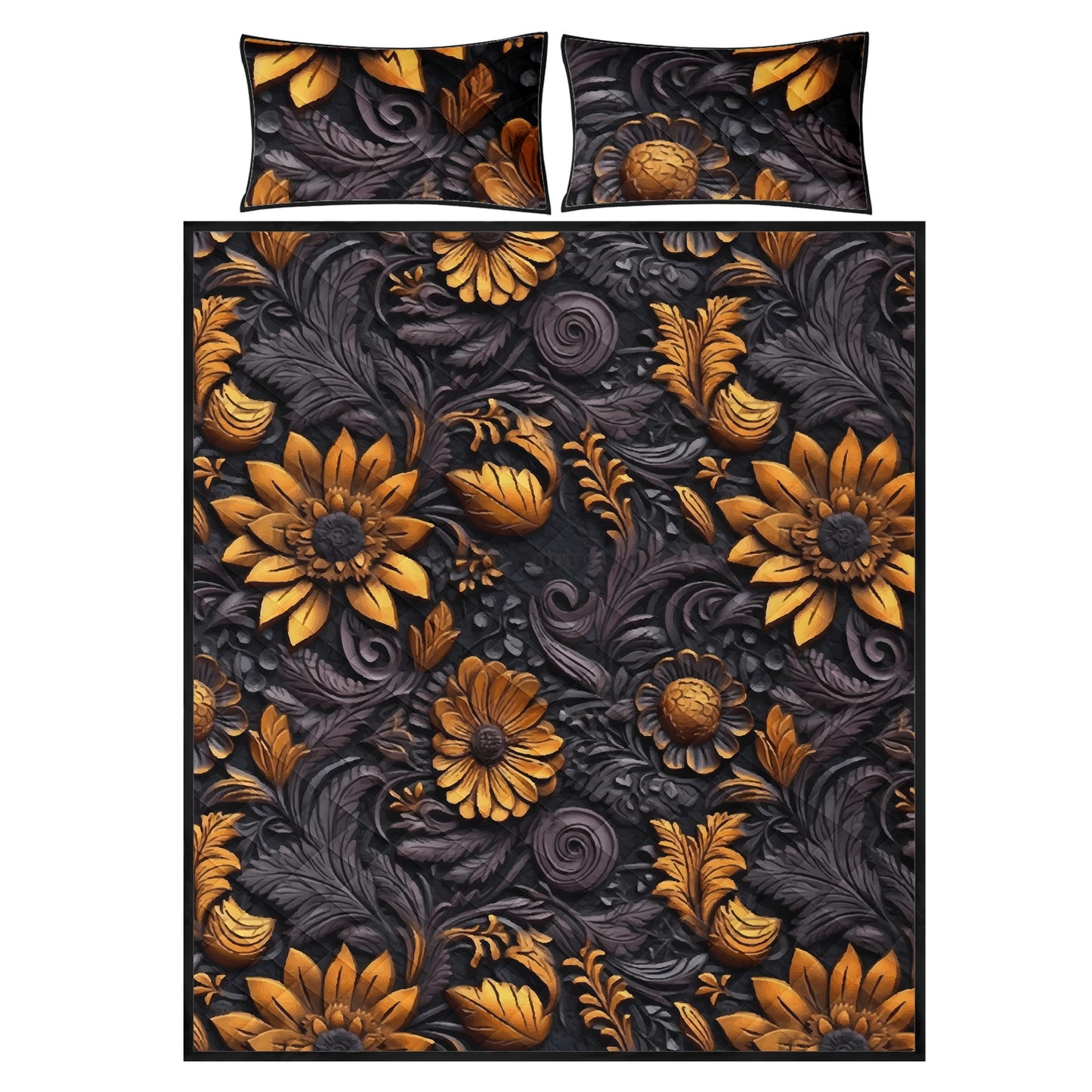 Gold Flowers Woodcut Quilt Bed Set