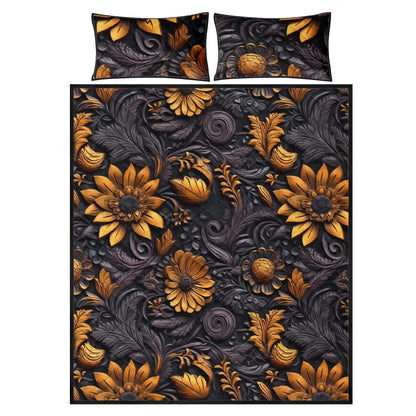 Gold Flowers Woodcut Quilt Bed Set