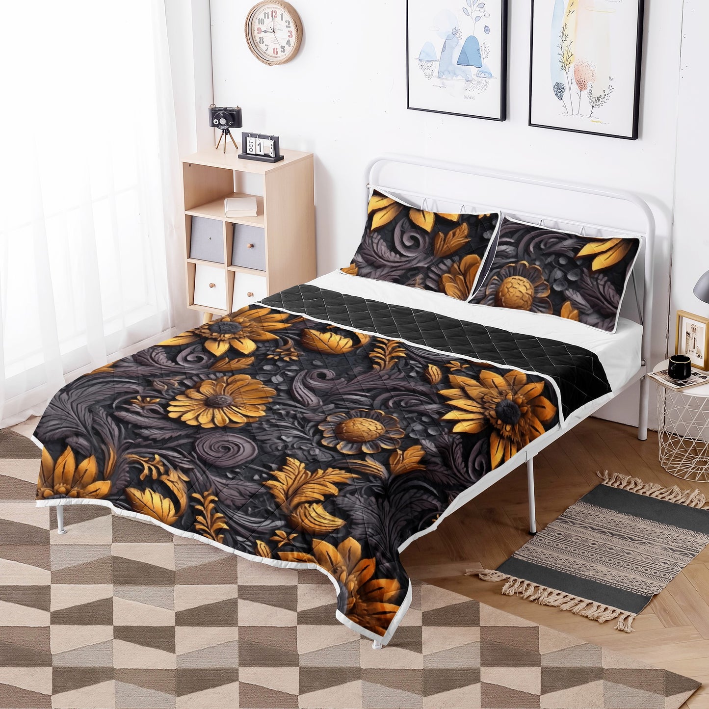 Gold Flowers Woodcut Quilt Bed Set