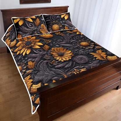 Gold Flowers Woodcut Quilt Bed Set