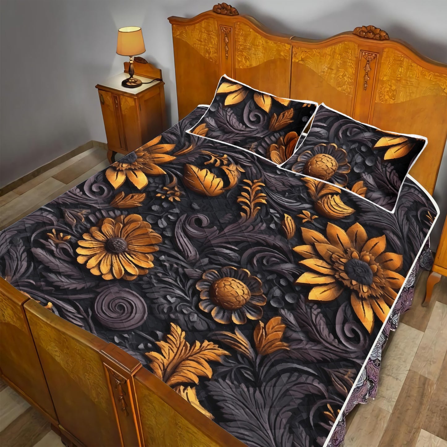 Gold Flowers Woodcut Quilt Bed Set