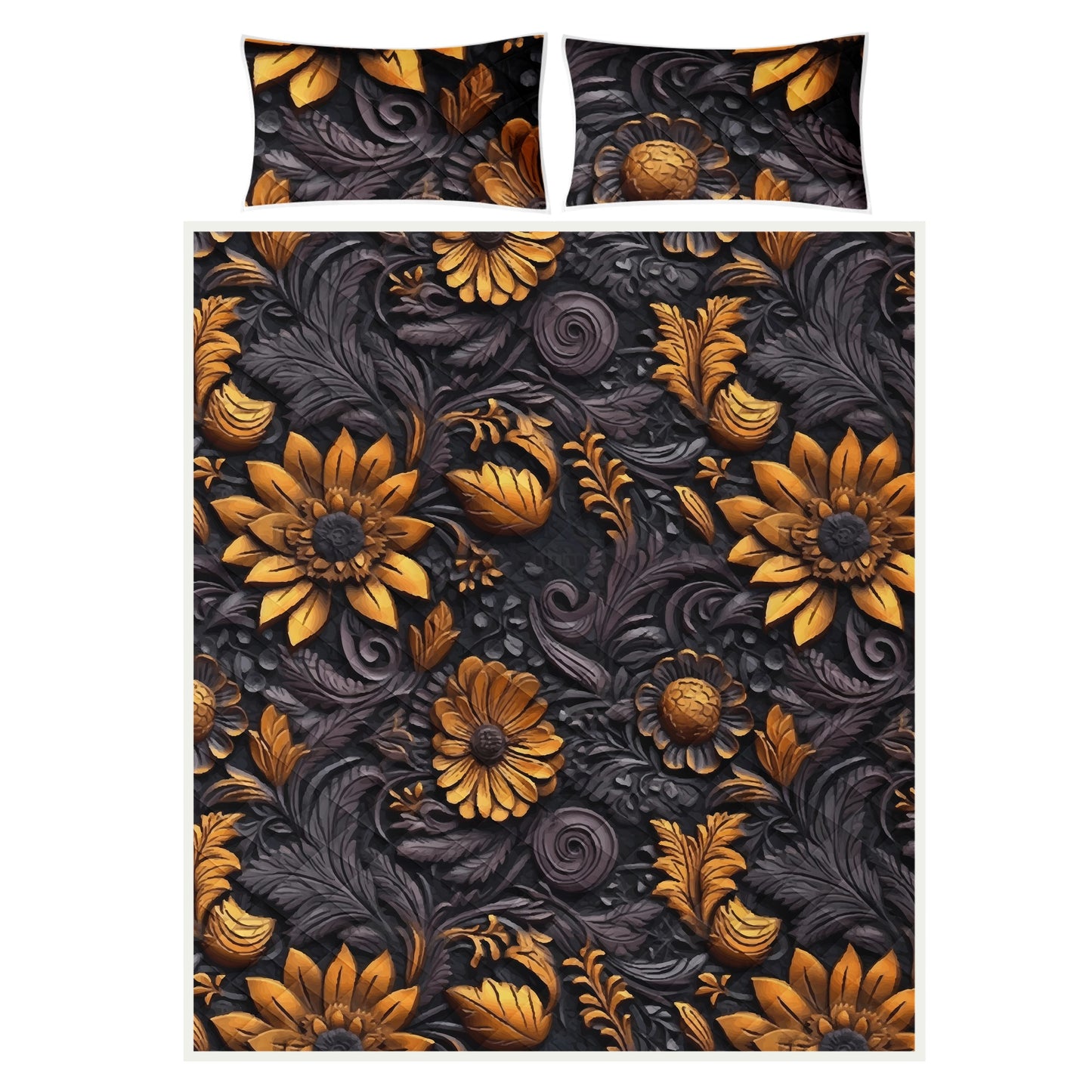 Gold Flowers Woodcut Quilt Bed Set