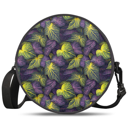 Luxtrini Iridescent Syngonium: Purple and Yellow Round Satchel Bags