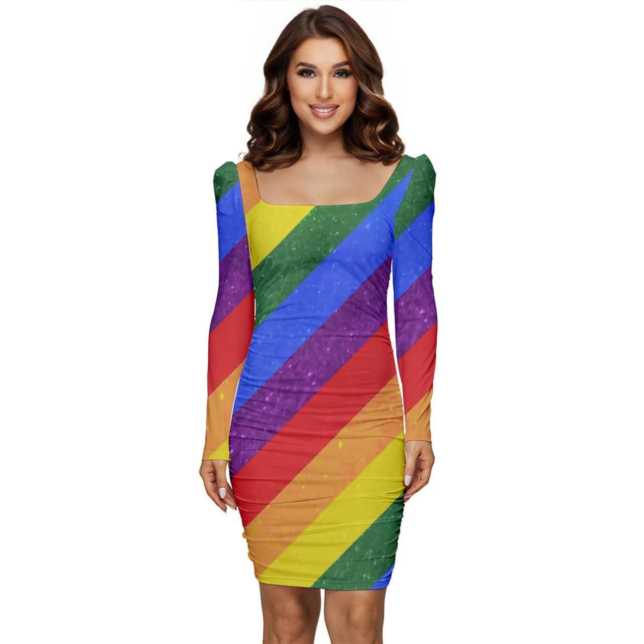 LGBTQ Women Long Sleeve Ruched Stretch Jersey Dress - Rainbow Pride