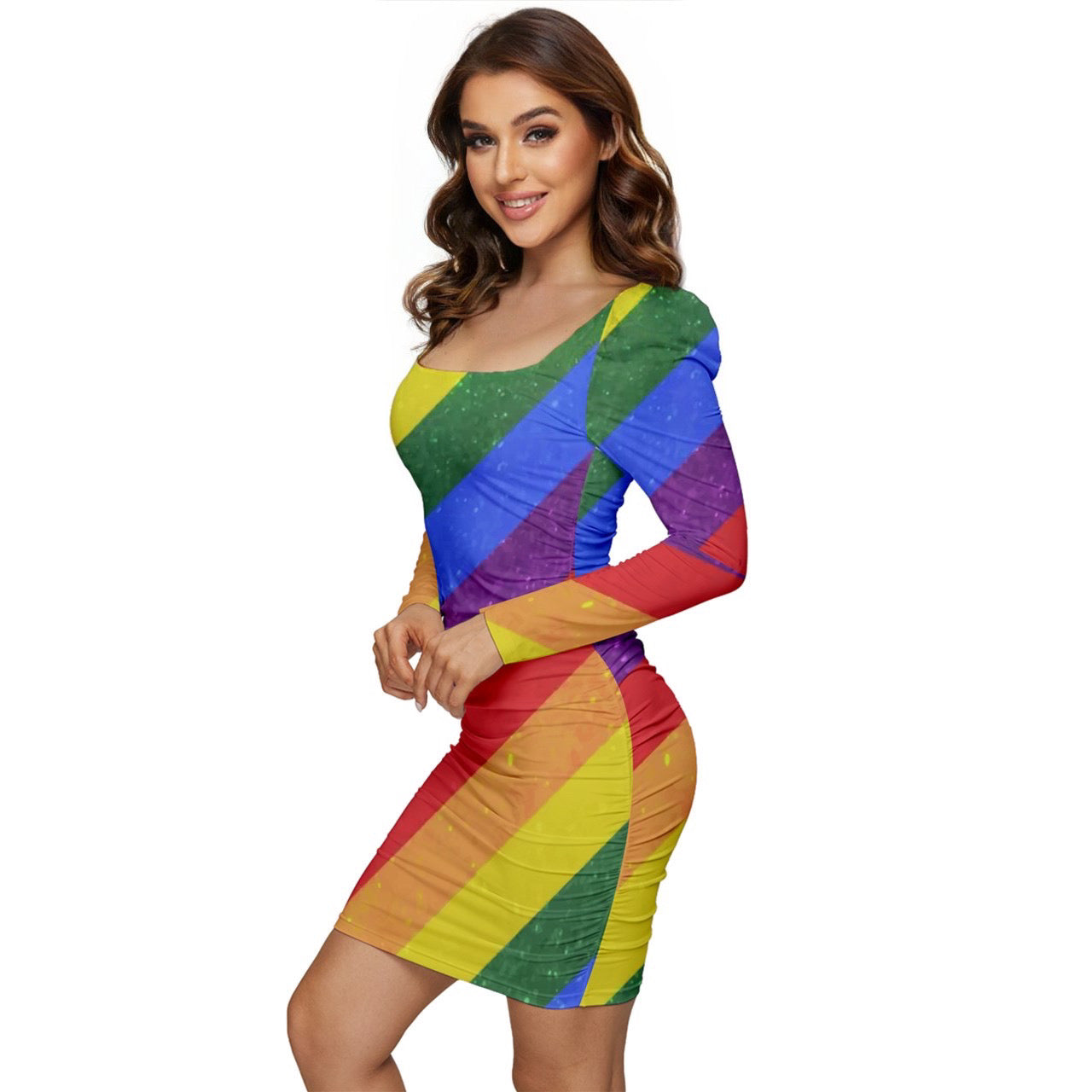 LGBTQ Women Long Sleeve Ruched Stretch Jersey Dress - Rainbow Pride