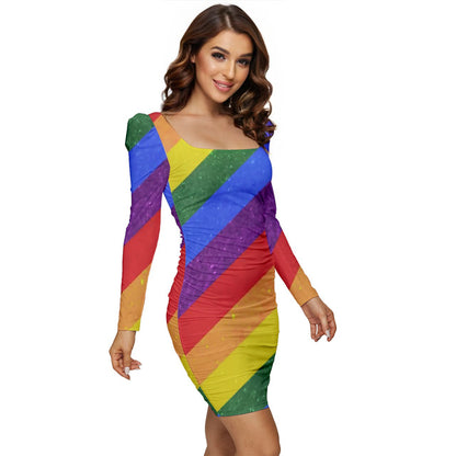 LGBTQ Women Long Sleeve Ruched Stretch Jersey Dress - Rainbow Pride