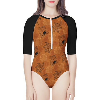 Sea Shell Ocean Design in Orange Women's Long Sleeve One Piece Swimsuit Women