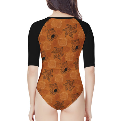 Sea Shell Ocean Design in Orange Women's Long Sleeve One Piece Swimsuit