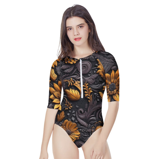 Gold Flowers Woodcut Women's Long Sleeve One Piece Swimsuit