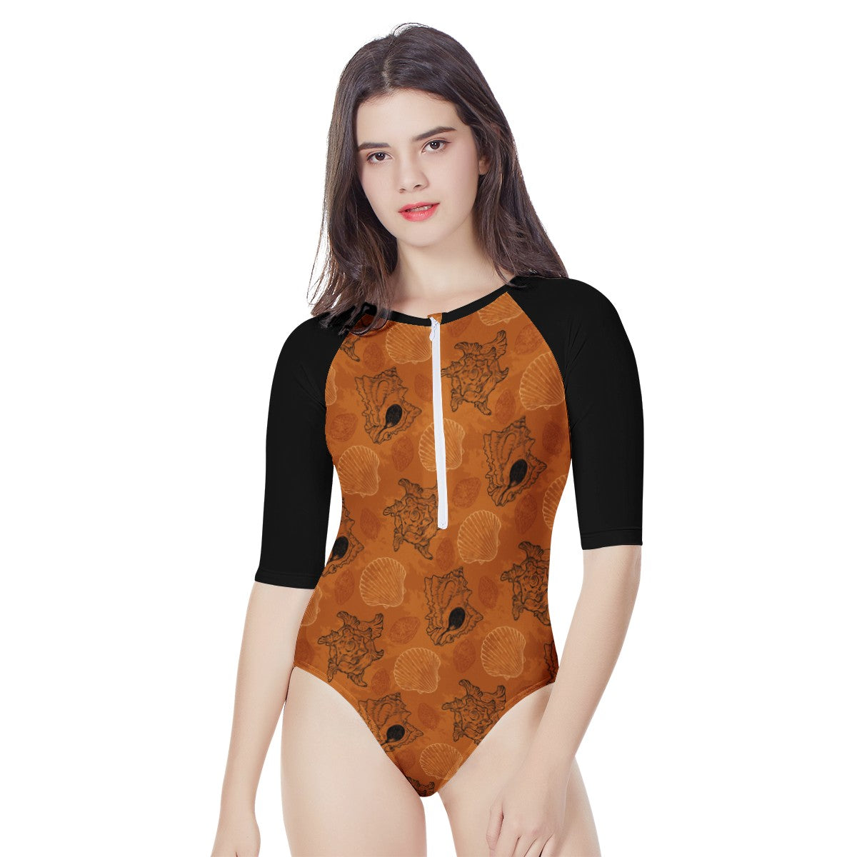Sea Shell Ocean Design in Orange Women's Long Sleeve One Piece Swimsuit