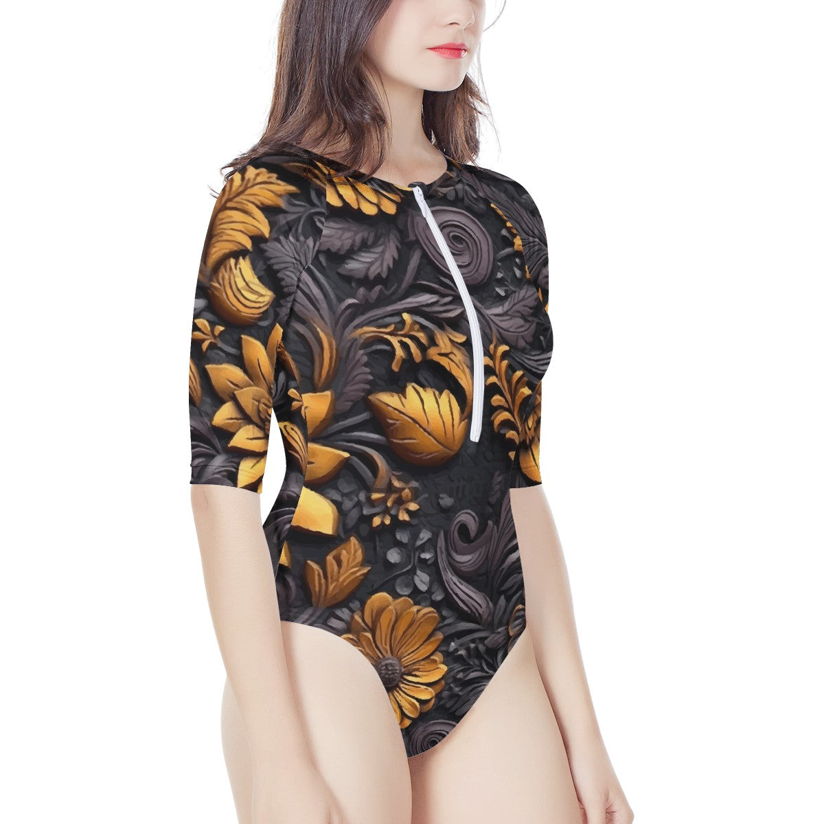 Gold Flowers Woodcut Women's Long Sleeve One Piece Swimsuit