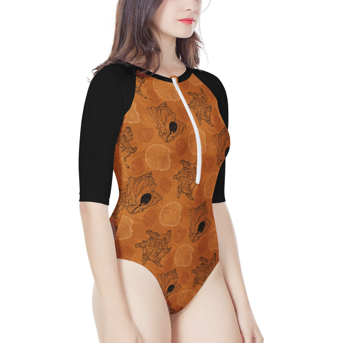 Sea Shell Ocean Design in Orange Women's Long Sleeve One Piece Swimsuit