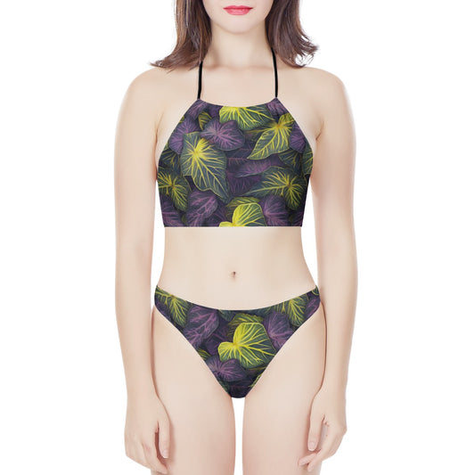 Luxtrini Iridescent Syngonium: Purple and Yellow New Women's High Neck Bikinis Swimsuit