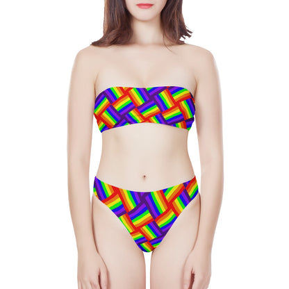 Rainbow Weave Women's Bandeau Strapless Bikinis Swimsuit