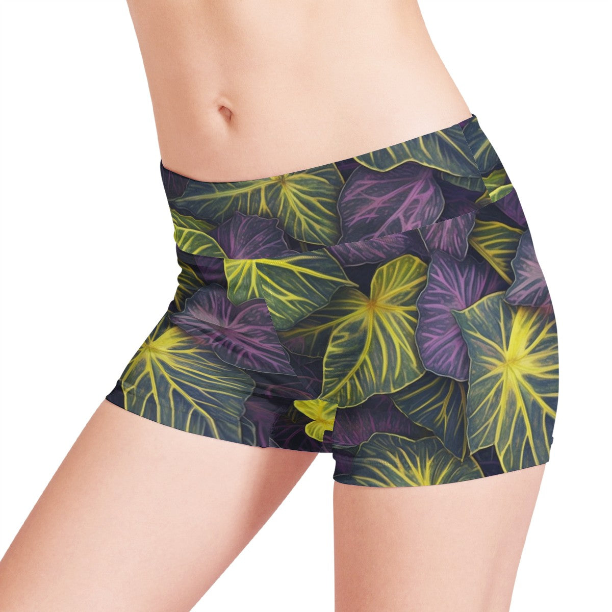 Luxtrini Iridescent Syngonium: Purple and Yellow Women Sports Trunks