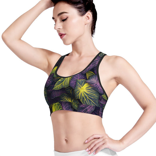 Luxtrini Iridescent Syngonium: Purple and Yellow Women Sports Bras Black Binding