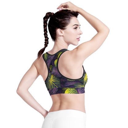 Luxtrini Iridescent Syngonium: Purple and Yellow Women Sports Bras Black Binding